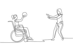 continu één lijntekening gelukkige levensstijl van mensen met een handicap concept. klein meisje in een rolstoel die een bal speelt met een vriendin die buiten een actieve levensstijl leeft. enkele lijn ontwerp grafische vector