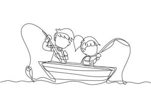 enkele lijntekening lachende kleine jongens en meisjes die samen op de boot vissen. gelukkige kinderen vissen op boot in de zee. vissers kinderen. doorlopende lijn tekenen ontwerp grafische vectorillustratie vector
