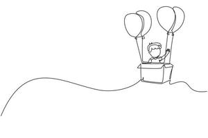 enkele een lijntekening schattige jongen zit in kartonnen doos met ballonnen. kleine piloot van heteluchtballon. creatief kindkarakter dat heteluchtballon speelt. ononderbroken lijntekening ontwerp grafische vector