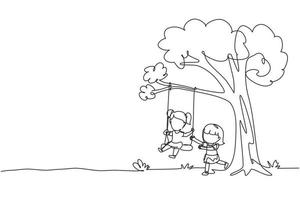 enkele een lijntekening gelukkig twee meisjes spelen op boom schommel. vrolijke kinderen op schommelen onder een boom. spelende kinderen op de speelplaats. moderne doorlopende lijn tekenen ontwerp grafische vectorillustratie vector