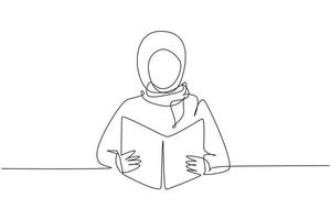 enkele een lijntekening Arabisch meisje leesboek, onderwijs. vrouwelijke student zit aan een bureau om literair werk, verhalenboeken, studie, studieboeken op tafel te lezen. doorlopende lijn tekenen ontwerp vectorillustratie vector