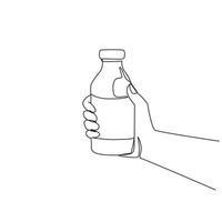 enkele één lijntekening hand met verse melk op fles glas verpakking gezond drank product. verse melk voor gezonde voeding. moderne doorlopende lijn tekenen ontwerp grafische vectorillustratie vector