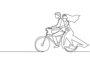 enkele een lijntekening romantisch getrouwd stel. man met pak en vrouw met trouwjurk fietsen samen. intimiteit viert huwelijksdag. ononderbroken lijntekening ontwerp grafische vector