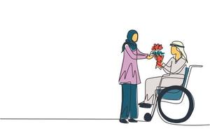 enkele doorlopende lijntekening arabische vrouw en gehandicapte man in rolstoel. mannetje geeft een boeket bloemen aan vrouwtje. familie ondersteuning. revalidatie van een handicap. één lijn tekenen ontwerp vectorillustratie vector
