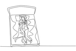 continu één lijntekening mannelijk en vrouwelijk paar dat liefdevol omhelst in bed, mannen en vrouwen slapen op bed terwijl ze liefdevol knuffelen, slapende pose van minnaar. enkele lijn tekenen ontwerp vectorafbeelding vector