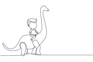 enkele een lijntekening kleine jongen holbewoner rijden brontosaurus. jong kind zittend op de achterkant van de dinosaurus. oud menselijk leven concept. moderne doorlopende lijn tekenen ontwerp grafische vectorillustratie vector