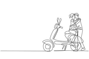 enkele doorlopende lijntekening scooter, reizen, paar, avontuur, ritconcept. familie paar reizen per scooter. gelukkige man en vrouw rijden motorfiets. een lijn tekenen grafisch ontwerp vectorillustratie vector