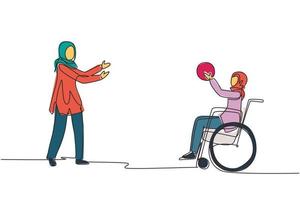enkele één lijntekening gelukkige levensstijl van mensen met een handicap concept. klein Arabisch meisje in rolstoel die bal speelt met een vriendin die buiten een actieve levensstijl leeft. ononderbroken lijntekening ontwerp vector