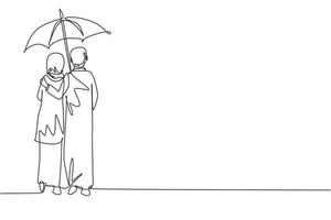 continu één lijntekening achteraanzicht liefhebbers paar in regen. arabisch paar verliefd wandelen onder de regen met paraplu. man en vrouw lopen langs de stadsstraat. enkele lijn tekenen ontwerp vectorafbeelding vector