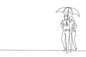 enkele een lijntekening jong stel man vrouw, meisje en jongen lopen bedrijf paraplu onder regen glimlachend knuffelen. romantisch koppel bij regenachtig herfstweer. ononderbroken lijntekening ontwerp grafische vector