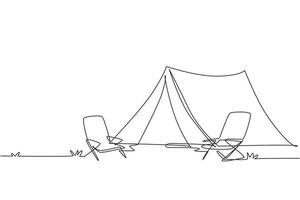 enkele een lijntekening camping landschap met bergen achtergrond. tenten met twee stoel in dennenbos op het gras. zomer kamperen op de natuur. doorlopende lijn tekenen ontwerp grafische vectorillustratie vector