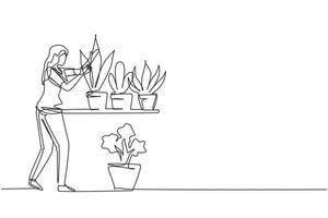 enkele doorlopende lijntekening vrouw tuinman met rek en bloemen. vrouw in tuin groeiende planten. tuinieren bloemen planten in de tuin. boerenmeisje zorgt voor plant. één lijn tekenen ontwerp vector
