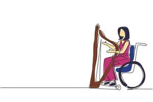 enkele een lijntekening elegante vrouw zittend in een rolstoel speelt harp in concert. handicap en klassieke muziek. fysiek niet in staat. revalidatiecentrum. ononderbroken lijntekening ontwerp vector