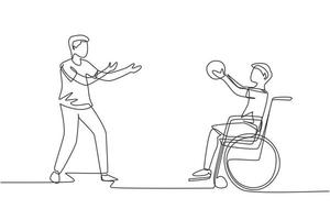 enkele doorlopende lijntekening gelukkige levensstijl van mensen met een handicap concept. kleine jongen in een rolstoel die een bal speelt met een mannelijke vriend die buiten een actieve levensstijl leeft. één regel ontwerp vectorillustratie vector