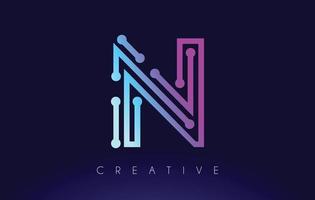 n tech letter logo concept met verbonden technologie stippen vector