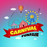 carnaval kermis banner ontwerpsjabloon. pretpark met circus, carrousels, achtbaan, attracties op feestelijk lint met inscriptie. kermis festival poster. vector eps illustratie