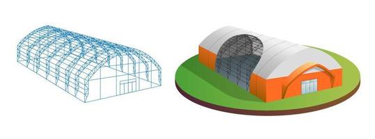 tijdelijke industriële 3d tent en schuur constructie gebouw wireframe. luifel zeildoek magazijn hangar. commerciële tentoonstelling tunnelhal. fabrieksproductiedistributie en opslagontwerpconcept vector