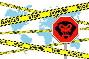 Monkeypox virus wereld alert aanval banner concept. aap pokken infectie ziekte uitbraak op aarde planeet met stop gevaar teken. mpv mpvx gevaarlijk en epidemisch risico voor de volksgezondheid. vector eps