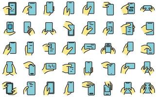 hand met telefoon pictogrammen instellen lijn kleur vector