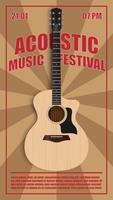 akoestische muziek festival flyer poster ontwerpsjabloon, akoestische gitaar op houtstructuur achtergrond, vectorillustratie vector