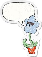 coole cartoon bloem en tekstballon noodlijdende sticker vector