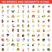 100 drankjes en desserts iconen set, isometrische stijl vector