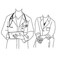 mannelijke en vrouwelijke artsen lijntekening staan en zitten. hand getekende vectorillustratie. vector