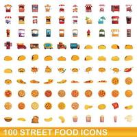 100 straatvoedsel iconen set, cartoon stijl vector