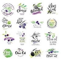 set handgetekende aquarel etiketten en stickers van olijfolie. vectorillustraties voor olijfolie-etiketten, verpakkingsontwerp, natuurlijke producten, restaurant. vector