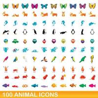 100 dieren iconen set, cartoon stijl vector