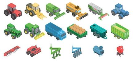 landbouwmachines iconen set, isometrische stijl vector