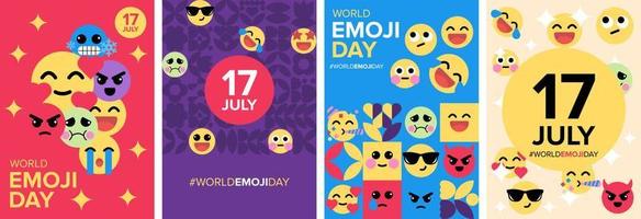 wereld emoji dag poster en wenskaart geometrische vector sjabloon. 17 juli, collectie set emoji boekomslag.