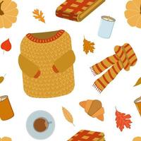 gezellige herfst stemming dingen vector naadloze patroon. warme trui, gebreide sjaal, gevouwen deken, eten, pompoen, kaarsen, bladeren. geïsoleerd op een witte achtergrond. ideaal voor verpakking, achtergrond, sjabloon.