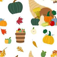 vector herfst oogst, thanksgiving day naadloze patroon in cartoon stijl met hoorn des overvloeds, appel schepel mand, pompoenen, eiken tak, appels, droge bladeren. geïsoleerd op een witte achtergrond.