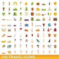 100 reizen iconen set, cartoon stijl vector