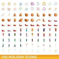 100 vakantie iconen set, cartoon stijl vector