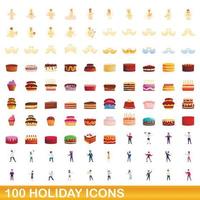 100 vakantie iconen set, cartoon stijl vector