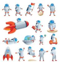 astronaut iconen set, cartoon stijl vector