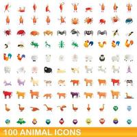 100 dieren iconen set, cartoon stijl vector