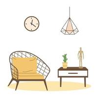 Scandinavisch interieur. fauteuil en tafel. gezellige woonkamer platte vectorillustratie. trendy scandinavisch hygge interieur. vector