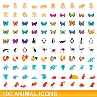 100 dieren iconen set, cartoon stijl vector