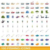 100 vissen iconen set, cartoon stijl vector