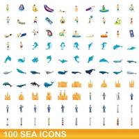 100 zee iconen set, cartoon stijl vector