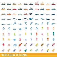 100 zee iconen set, cartoon stijl vector