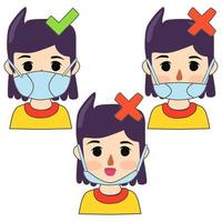 hoe je een gezichtsmasker vrouw vector illustrator op de juiste manier draagt, perfect voor medische gezondheid en ziekenhuis?