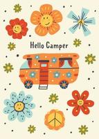 print hallo camper auto kleurrijke lachende bloemen vector