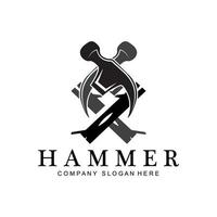 hamer, bouwconstructiehulpmiddelen en rechter logo vectorpictogram, vintage retro ontwerpillustratie vector