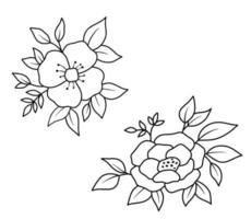 set bloemenrand met bloemen en bladeren in kaderstijl. vector lijn wilde bloemen. elegant bloemenboeket dat op witte achtergrond wordt geïsoleerd