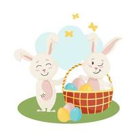 konijntjes karakter. zittend op gras en lachen grappige, vrolijke paas-tekenfilmkonijnen met eieren, mand, wolken, vlinder vector