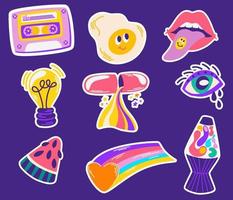 pop kleur stijl platte ontwerp jaren 90 sticker. coole trendy retro stickers met lachende gezichten, cartoon striplabel patches. verschillende emoties, tekst. vector cartoon illustratie isoleren